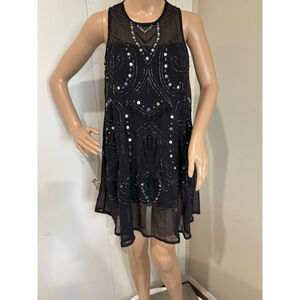 Women's RAGA Black Silver Beaded chiffon sleeveless trapeze Mini Dress S